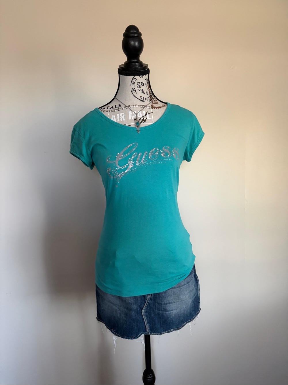Y2K Guess Teal Rhinestone Short Sleeve Model Off Duty Baby Tee - Picture 5 of 13
